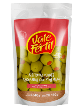 Azeitona Verde Recheada c/Pimentão Sachê 150g - Vale Fértil