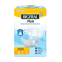Fralda Plus G 7 Unidades - Bigfral - A Bigfral Plus foi desenvolvida para adultos com incontinência urinária intensa. Possui rápida absorção e barreiras antivazamento que proporcionam segurança e uma pele mais seca. O Sistema Antiodor neutraliza odores para mais conforto.