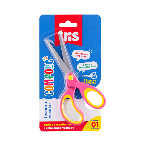 Tesoura Escolar Comfort - 15Cm - Cart C/1 Un - Tris - Essa tesoura é puro conforto para a criançada! Com pontas arredondadas, cabo com textura emborrachada que proporciona mais conforto na hora de recortar. Possui 15cm de comprimento e espessura de lâmina 1,5mm. Cores sortidas. - Resinas termoplásticas, aço inoxidável e borracha.