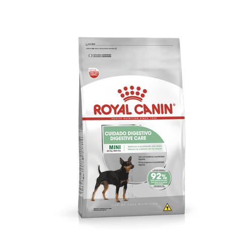 Mini Digest Care 2,5Kg - Indicação: Alimento completo seco para cães adultos e maduros de porte pequeno (peso até 10 kg) com tendência à sensibilidade digestiva – A partir de 10 meses de idade.


•	RESULTADOS COMPROVADOS: 92% ótima qualidade das fezes*. *Estudo interno Royal Canin


•	Saúde digestiva: Fórmula nutricional precisamente balanceada que ajuda a manter uma ótima saúde digestiva. Contém proteínas altamente digestíveis (L.I.P.*), uma combinação de prebióticos e fibras para favorecer o equilíbrio da microbiota e ajudar a promover a qualidade das fezes. *L.I.P.: Proteínas selecionadas por sua alta digestibilidade.