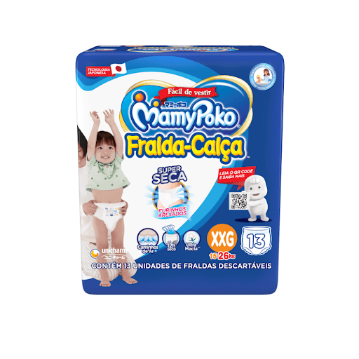MamyPoko Fralda-Calça XXG13 - MamyPoko Fralda-Calça™ é fácil de vestir e ficou ainda mais respirável. Os exclusivos Furinhos Arejados na cintura* liberam a umidade para fora.  Além disso, tem Caminhos de Ar® que melhoram a circulação de ar dentro da fralda e absorve até 5 copos de líquido, mantendo o seu bebê sempre sequinho e confortável  por até 12 horas**.  *Quantidade e localização dos Furinhos Arejados reduzida nos tamanhos RN e P.** Pode variar de acordo com os hábitos e características do bebê.