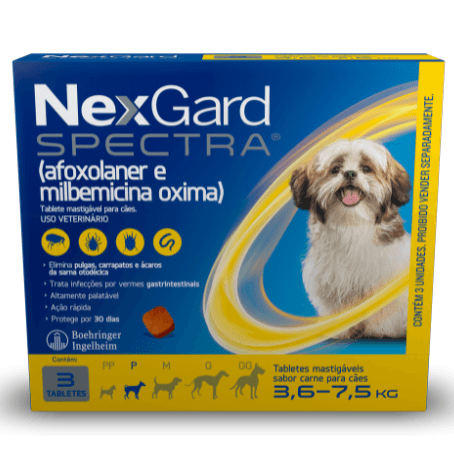 NexGard Spectra Antipulgas e Carrapatos e Vermífugo para Cães de 3,6 a 7,5kg 3 tabletes - NEXGARD SPECTRA® possui cinco faixas de peso, sendo seguro para todas as raças de cães. Se o peso do seu cão for superior a 60 kg, complemente a dosagem com um tablete adicional equivalente ao peso em falta. Mata, trata e controla pulgas e carrapatos, além de ser indicado para o tratamento de infecções por vermes nematódeos gastrintestinais adultos, como ascarídeos (Toxocara canis), ancilostomatídeos (Ancylostoma sp.) e tricurídeos (Trichuris vulpis). Também é indicado para o tratamento e prevenção de infestações por pulgas, carrapatos e sarna otodécica (sarna de ouvido) em cães adultos e filhotes a partir de 8 semanas de idade e peso corporal mínimo de 2,0 kg.