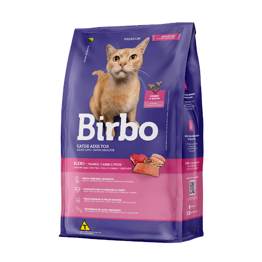 Birbo Premium Gatos Blend - Birbo Gatos Blend, desenvolvido para agradar o paladar exigente dos felinos, em uma alimentação completa e balanceada, com ingredientes selecionados, proteínas de alta qualidade, enriquecida com vitaminas e minerais em níveis adequados aos gatos adultos. Birbo Gatos Blend é enriquecido com taurina, aminoácido essencial à dieta dos gatos auxiliando na manutenção da saúde visual e cardíaca, e contém extrato de Yucca schidigera, ingrediente que atua a nível intestinal, contribuindo na redução do odor das fezes, além de ser um alimento que contribui no controle do pH urinário.