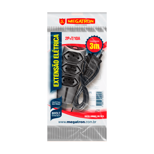 Extensão Elétrica 3 Tomadas 2P+T Preta Megatron 10A 3M-Multicoisas - Tenha praticidade e segurança ao utilizar seus aparelhos elétricos com a Extensão Elétrica 3 Tomadas 2P+T Preta Megatron 10A 3M. Com a renomada marca Megatron, você terá em mãos uma extensão elétrica de alta qualidade, projetada para atender suas necessidades diárias.

A Extensão Elétrica Megatron conta com 3 tomadas 2P+T, permitindo que você conecte diversos dispositivos de forma simultânea. Sua cor preta confere um visual moderno e discreto, combinando perfeitamente com qualquer ambiente.

Essa extensão elétrica é bivolt, o que significa que pode ser utilizada em diferentes tensões elétricas. Com a amperagem de 10A/250V, ela é capaz de suportar cargas elétricas de maneira segura e eficiente.

O cabo da extensão elétrica é fabricado em PP, um material resistente e durável. Com uma espessura de cabo de 0,75mm, garante a condução elétrica de forma confiável. Além disso, a extensão elétrica possui certificação do INMETRO, garantindo sua qualidade e segurança.

O kit inclui 1 extensão elétrica de 3 metros de comprimento, proporcionando um alcance conveniente para conectar seus aparelhos onde for necessário. Com um peso leve de apenas 0,314kg, é fácil de transportar e armazenar.

Tenha a tranquilidade de utilizar seus aparelhos elétricos com a Extensão Elétrica 3 Tomadas 2P+T Preta Megatron 10A 3M. Conte com a qualidade e confiabilidade da marca Megatron em suas conexões elétricas.