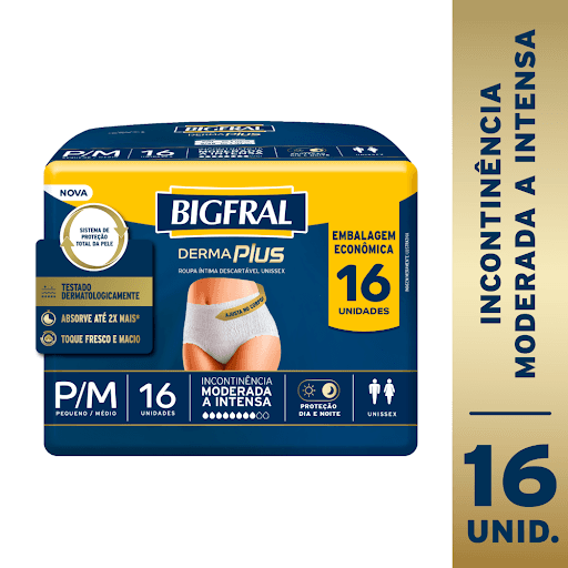 Roupa Íntima P/M Com 16 Unidades - Bigfral - A nova roupa íntima Bigfral Derma Plus possui sistema de proteção total da pele, é dermatologicamente testada, absorve até 2x mais para que a pele não fique úmida deixando-a mais seca e protegida e possui toque fresco e macio. Indicada para HOMENS e MULHERES com incontinência urinária moderada a intensa. Veste como sua roupa íntima habitual e garante todo conforto e segurança para manter sua rotina