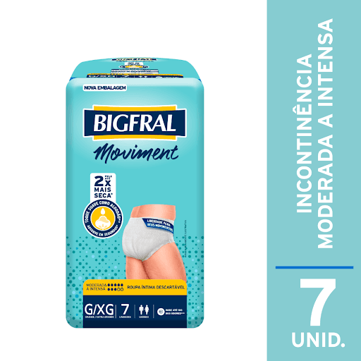 Roupa Íntima Moviment G/XG 7 Unidades - Bigfral - Bigfral Moviment é a roupa íntima descartável ideal para incontinência moderada a intensa, desenvolvida para homens e mulheres. Absorve em segundos mantendo a umidade longe da pele e deixando-a até 2x mais seca. As barreiras de proteção antivazamento e o controle de até 100% dos odores proporcionam segurança para que você desfrute seu dia e se movimente com confiança.