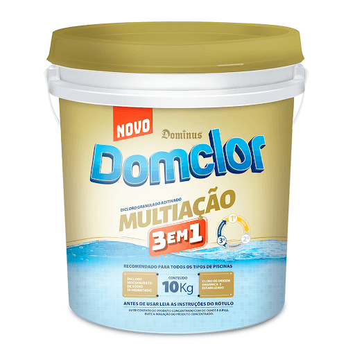 Dicloro Multi Ação Domclor Balde 10Kg - Domclor multiação 3 em 1 é um cloro granulado aditivado destinado a desinfecção de piscinas.é recomendado para todos os tipos de piscinas.