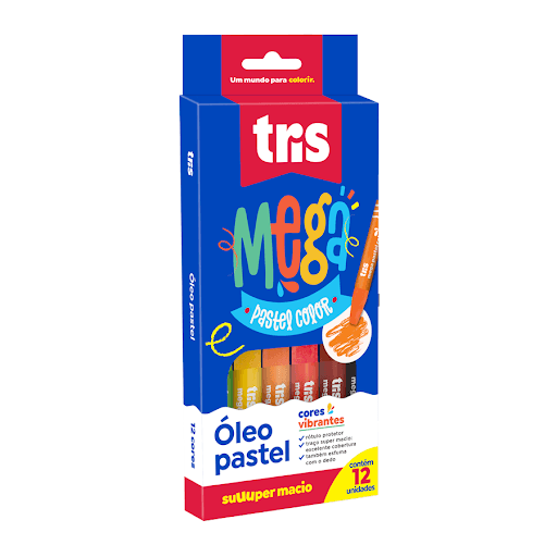 Óleo Pastel Mega Pastel Color - Conjunto C/12 Cores - Tris - O óleo pastel MEGA possui cores ultra intensas! Alta cobertura e traço suuuuper macio. Com rótulo protetor que não suja as mãos e esfuma facilmente com o dedo! - Ceras, carga mineral inerte, pigmentos organicos especiais , oleos e aditivos
