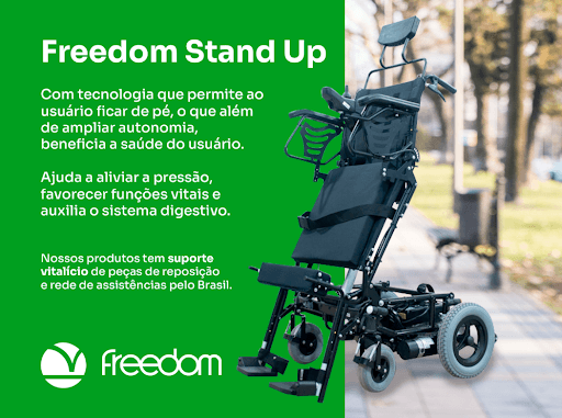 A cadeira Stand Up da Freedom permite ao usuário ficar em pé, o que além de facilitar o dia a dia é bastante importante para a saúde.  Ajuda a aliviar a pressão, melhora a funcionalidade do sistema digestivo e favorece as funções vitais. 

Possui ainda diversos ajustes que ajudam a tornar o produto adequado ao usuário, proporcionando conforto, segurança e adequação postural.