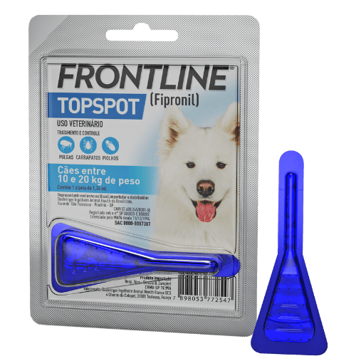 Antipulgas e Carrapatos Frontline Topspot para Cães de 10 a 20kg - FRONTLINE® TOPSPOT CÃES mata rapidamente pulgas, carrapatos e piolhos. Oferece proteção por 30 dias e pode ser aplicado a partir das 8 semanas de idade, inclusive em cadelas gestantes ou em lactação.