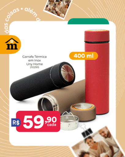 Desfrute de bebidas sempre na temperatura ideal com a Garrafa Térmica em Inox Uny Home (R$ 59,90 cada)! ☕❄️ Com capacidade de 400 ml e cores sortidas, ela vai além: possui filtro para infusão de chá e/ou frutas, permitindo que você beba diretamente da garrafa. 

🥤☝🏽Preço válido até 21/04/2025 ou enquanto durarem os estoques. #oferta #garrafatermica #fitness