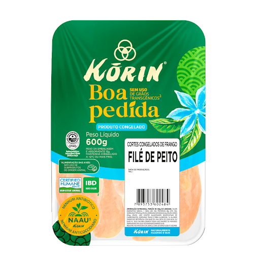 Filé de Peito - Bandeja Frango Congelado - Boa Pedida - 600g - Os frangos Boa Pedida são os primeiros do Brasil a serem produzidos sem adição de grãos geneticamente modificados na ração e a receberem a certificação da categoria pelo IBD Certificações.