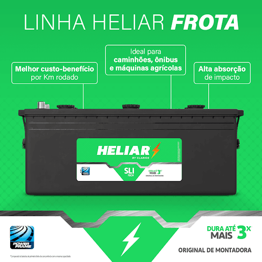 Quando o negócio é carga pesada, essa é a sua bateria. A linha Heliar Frota é ideal para caminhões, ônibus e máquinas agrícolas. 

Preparada para veículos de alto desempenho, oferece o melhor custo-benefício por quilômetro rodado.

• Baterias Frota SLI - 15 meses de garantia.
• Baterias Frota EFB - 24 meses de garantia.
• Sistema de absorção de impacto para aplicações mais severas.
