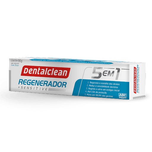 Gel Dental Regenerador + Sensitive 5 Em 1 90G - Dentalclean - O gel dental Regenerador + Sensitive 5 em 1 da Dentalclean é o único no mercado com a tecnologia REFIX, e sua fórmula exclusiva repõe os minerais do esmalte. Estes minerais se integram aos dentes e regeneram cáries em estágio inicial. Ele atua nos estágios iniciais e invisíveis da erosão. Cria uma camada protetora na região da terminação nervosa dos dentes, reduzindo os sintomas da sensibilidade. Mata até 99,9% dos germes e oferece até 13h de proteção.