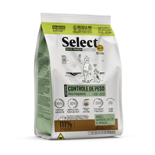 Select Raças Mini e Pequenas Controle De Peso 10,1Kg - Ingredientes selecionados fontes de proteínas, óleos, ingredientes funcionais, vitaminas e minerais, mín. 50% (farinha de vísceras de aves - mín. 23%, farinha de salmão - mín. 0,5%, farinha de carne e ossos de perus - mín. 0,5%, óleo de aves, óleo de salmão - mín. 0,5%, hidrolisado de fígado de aves, mistura de ovos desidratados, farelo de glúten de milho 60, farelo de soja, biomassa de microalgas Schizochytrium sp. - mín. 0,1%, L-carnitina, levedura de cervejaria inativada desidratada, blend de prebióticos - mín. 0,1% - composto de: parede celular de levedura, galactooligossacarídeos, frutooligossacarídeos e levedura seca de cana de açúcar, hexametafosfato de sódio, sulfato de condroitina, sulfato de glicosamina, extrato de Yucca, lisina, vitaminas A, D3, E, C, K3, B1, B2, B6, B12, pantotenato de cálcio, ácido fólico, ácido nicotínico, biotina, cloreto de colina, minerais cloreto de sódio, cloreto de potássio, sulfato de manganês, sulfato de zinco, glicinato de zinco, sulfato de ferro, sulfato de cobre, iodato de cálcio, selenito de sódio, selênio metionina). Frutas, vegetais, grãos e aditivos essenciais, mín. 50% (grão de milho, farelo de trigo, quirera de arroz, mix concentrado de frutas e vegetais desidratados - composto de: farinha de batata doce - mín. 0,35%, maçãs - mín. 0,03%, bananas, mirtilos (blueberries) - mín. 0,01%, cenouras - mín. 0,03% e farinha de ervilhas - mín. 0,05%, polpa desidratada de beterraba - mí