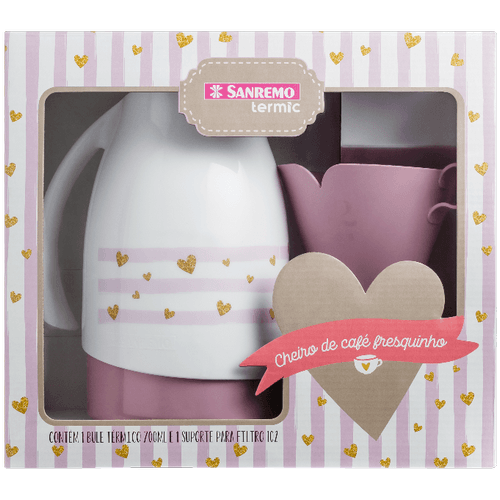 Conjunto Bule 700ml e Porta Filtro nº 102 c/ tampa rolha branco e rosa Sanremo - Conjunto Bule 700ml e Porta Filtro nº 102 c/ tampa rolha branco e rosa Sanremo