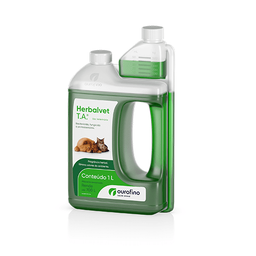 Herbalvet T.A. - Ourofino PET - Herbalvet T.A.® é indicado como desinfetante (bactericida, fungicida e protozoaricida) e desodorizante com propriedade tensoativa biodegradável e não corrosiva, para clínicas veterinárias, hospitais veterinários, canis, gatis, na limpeza e desinfecção de pisos, paredes, salas de banho e tosa, mesas de atendimento e de cirurgias e instrumentais cirúrgicos.