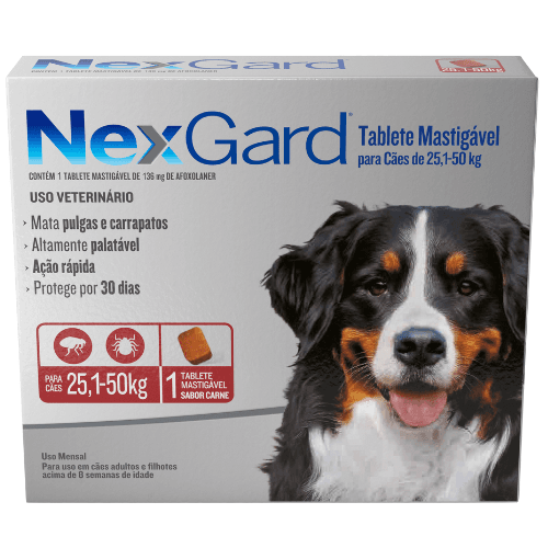 NexGard Antipulgas e Carrapatos para Cachorros de 25,1 a 50kg 1 tablete - NexGard® é um tablete mastigável altamente palatável que seu cão vai adorar. Com um rápido início de ação, ele atinge 100% de eficácia contra pulgas em apenas 8 horas, matando-as antes que coloquem ovos.