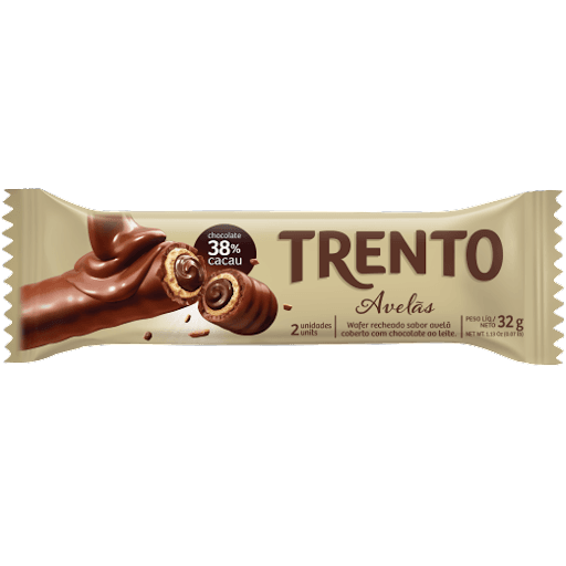 Trento Avelã 32G - Wafer recheado sabor avelã coberto com chocolate ao leite.