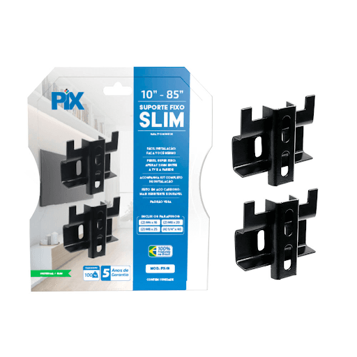 Suporte Universal Fixo Slim para TV LCD/LED de 10" a 85" Pix-Multicoisas - Com o Suporte Universal Fixo Slim para TV LCD/LED de 10"" a 85"" da Pix você vai otimizar espaço e deixar sua casa ainda mais organizada. Fácil de instalar, faça você mesmo. Produzido em aço carbono, mais resistente e durável, compatível com o padrão vesa. Acompanha kit completo de instalação.