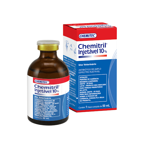 Chemitril 10% 50 ml Injetável - Antibiótico Injetável indicado para bovinos, suínos e caprinos nos tratamentos de infecções respiratórias, infecções após o parto, enterites, complexo MMA, anaplasmose, e infecções dérmicas.