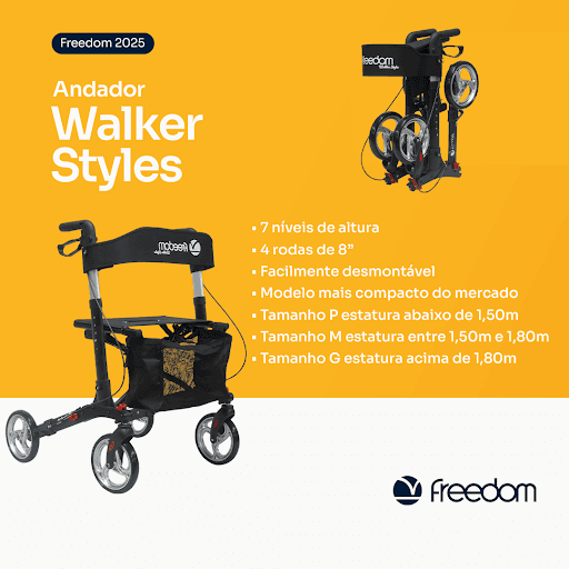 • 7 níveis de altura
• 4 rodas de 8”
• Facilmente desmontável
• Modelo mais compacto do mercado
• Tamanho P estatura abaixo de 1,50m
• Tamanho M estatura entre 1,50m e 1,80m
• Tamanho G estatura acima de 1,80m