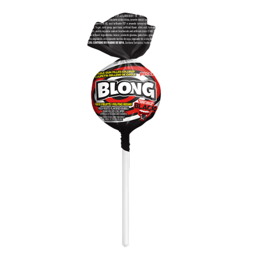 Blong 12 Black 600G - Pirulito recheado com chicle sabor frutas vermalhas pinta lingua de preto