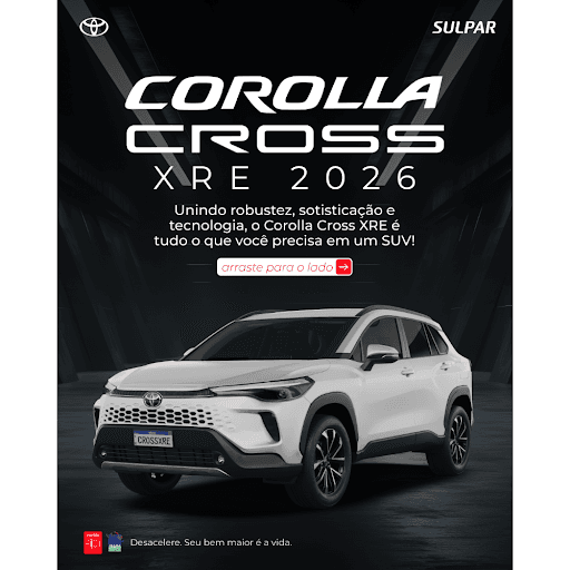 Corolla Cross XRE - O Corolla Cross XRE é a escolha ideal para quem busca um SUV com o equilíbrio perfeito entre espaço, conforto e tecnologia. Seu interior possui acabamento premium, central multimídia de 9" com conexão sem fio, carregamento USB e saídas de ar traseiras, garantindo o bem-estar de todos a bordo. A segurança é um capítulo à parte, com o avançado pacote Toyota Safety Sense. Descubra na Toyota Sulpar cada detalhe que faz do Corolla Cross um sucesso.
