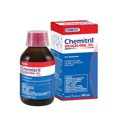 Chemitril Oral 10% 100 ml - Antibiótico oral de amplo espectro para aves. Indicado para tratamento de doenças respiratórias e diarreias infecciosas.