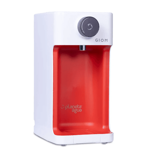 Purificador de água alcalina Giom- Branco com Vermelho,7502 - Purificador de água natural e alcalina Giom, Contêm refil duplo que remove 100% do cloro, filtra partículas de sujeira, adiciona minerais na água, possui sistema de refrigeração com compressor
