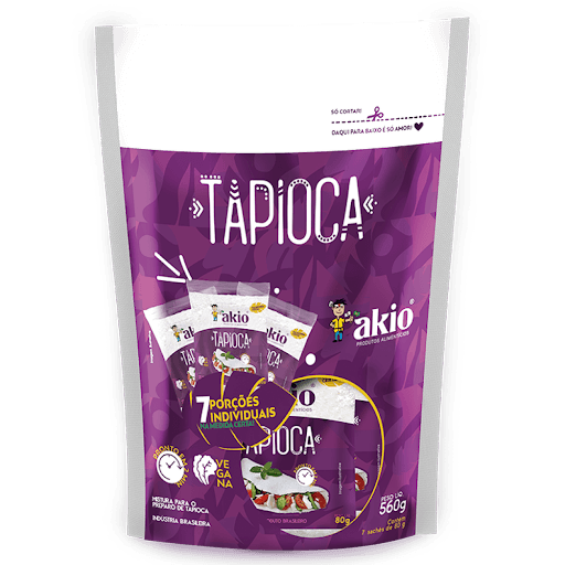 Tapioca Com 7 Sachês de 80g - Akio - Pensando sempre na praticidade, fracionamos a nossa embalagem tradicional e transformamos em pequenas porções de 80 g cheias de amor para facilitar sua rotina, deixando na medida certa para você levar a qualquer lugar!