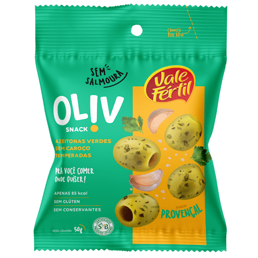 Snack Azeitona Verde s/caroço Sabor Provençal Sachê 50g - Vale Fértil - Azeitona verde em conserva sem caroço, temperada sabor provençal (salsinha e alho)
