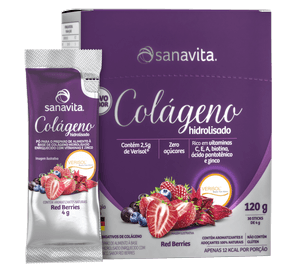 Colágeno Verisol - Red Berries - 30 sachês - O Colágeno hidrolisado da Sanavita com Verisol® possui fórmula exclusiva e diferenciada, devido à associação de peptídeos bioativos de colágeno com 100% das necessidades diárias das vitaminas A, C, E , ácido pantotênico, biotina e zinco, que potencializam a nutrição de dentro para fora.