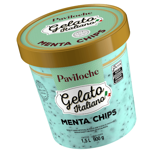 Gelato Italiano Menta Chips Pote 1,5l - Paviloche - Sorvete sabor menta com flocos de chocolate ao leite