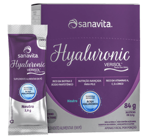 Hyaluronic Verisol 120mg - Neutro - 30 sachês - Hyaluronic com Verisol® é um suplemento inovador e exclusivo, desenvolvido com a mais avançada tecnologia para cuidados com a pele. Sua fórmula combina ácido hialurônico biodisponível, com peso molecular específico e alta absorção, com 2,5g de colágeno Verisol® e 100% das necessidades diárias de vitaminas A, C, E, biotina, ácido pantotênico e zinco.