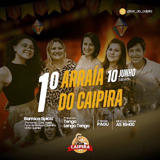 Baummmmm sooooo !!! 👨🏽‍🦳👨🏽‍🦳

Chegou nosso dia o “1º ARRAIA DO BAR DO CAIPIRA” 🎊🎊

📆 - 10/06 
⏰ - a partir das 16H00 
🎸 - 2 bandas ( @banda.pagu e Tengo lengo Tengo) 
🎪 - Barracas típicas junina 

E aí, não vai perder !! Traga sua família e venha curtir com agente. 

Lembrando que esse evento tem um apoio social, para construção do centro de oncologia do @hcfmb !! 

Ajude comprando 1 cupom e concorra a 1 carro por apenas 20,00