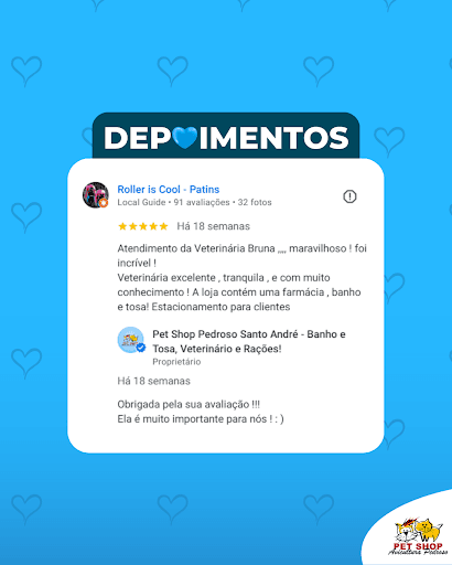 É gratificante demais receber esse tipo de mensagem! 🩺💙

Nossa equipe, incluindo a Dra. Bruna, está sempre preparada para oferecer o melhor atendimento veterinário possível, com tranquilidade e conhecimento.

🚙Temos Taxi Dog e Disk Entrega para a toda a região do ABC! Consulte a nossa equipe e veja como funciona!

📱WhatsApp: 94702-4713 (link na bio)

📍Endereço: Estrada do Pedroso, 943 - Santo André - SP

#PetShopSantoAndré #SantoAndré #SãoBernardo #Rações #Veterinária #BanhoETosa #CuidadosPet #ProteçãoPet #VilaLuzita
