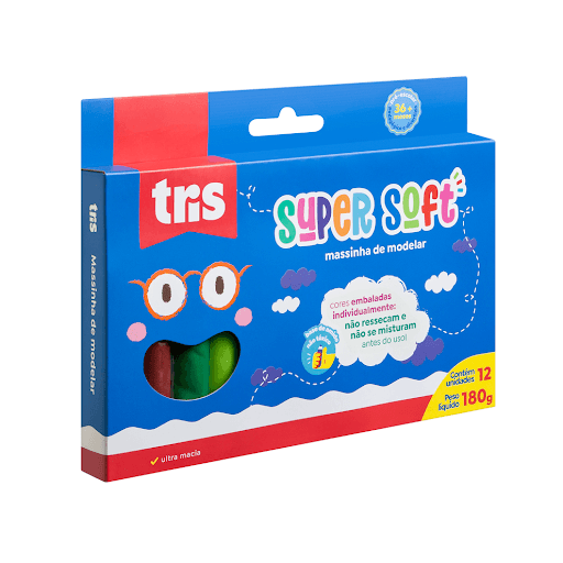 Massa De Modelar Supersoft 180G - Conjunto C/12 Cores - Tris - Nossa massinha é Super Soft! À base de amido: Não tóxica. É ultra macia, não gruda nas mãos e possui cores lindas! - Água, carboidrato de cereais, glúten, glicerol, sódio, corantes, aromatizante e antissépticos.