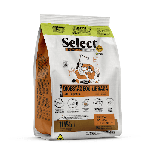Select Raças Mini e Pequenas Digestão Equilibrada 15Kg - Ingredientes selecionados fontes de proteínas, óleos, ingredientes funcionais, vitaminas e minerais, mín. 55% (farinha de vísceras de aves - mín. 23%, farinha de salmão - mín. 0,5%, óleo de aves, óleo de salmão - mín. 0,5%, hidrolisado de fígado de aves, mistura de ovos desidratados, farelo de glúten de milho 60, farelo de soja, biomassa de microalgas Schizochytrium sp. - mín. 0,1%, levedura de cervejaria inativada desidratada, blend de prebióticos - mín. 0,1% - composto de: parede celular de levedura, galactooligossacarídeos, frutooligossacarídeos e levedura seca de cana de açúcar, hexametafosfato de sódio, sulfato de condroitina, sulfato de glicosamina, extrato de Yucca - mín. 0,01%, lisina, vitaminas A, D3, E, C, K3, B1, B2, B6, B12, pantotenato de cálcio, ácido fólico, ácido nicotínico, biotina, cloreto de colina, minerais cloreto de sódio, cloreto de potássio, sulfato de manganês, sulfato de zinco, glicinato de zinco, sulfato de ferro, sulfato de cobre, iodato de cálcio, selenito de sódio, selênio metionina). Frutas, vegetais, grãos e aditivos essenciais, mín. 45% (grão de milho, farelo de trigo, quirera de arroz, mix concentrado de frutas e vegetais desidratados - composto de: farinha de batata doce, maçãs - mín. 0,03%, bananas, mirtilos (blueberries) - mín. 0,01%, cenouras - mín. 0,03% e farinha de ervilhas - mín. 0,05%, polpa desidratada de beterraba - mín. 0,5% e aditivos antioxidantes BHA e BHT).