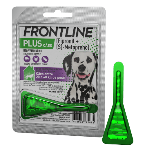 Antipulgas e Carrapatos Frontline Plus para Cães de 20 a 40kg - FRONTLINE® PLUS CÃES mata rapidamente pulgas, carrapatos e piolhos. Impede que os ovos de pulgas que caem do seu cão eclodam em sua casa, evitando o desenvolvimento de ovos e larvas provenientes de pulgas adultas adquiridas durante o período de ação do produto. Oferece proteção por 30 dias e pode ser aplicado a partir das 8 semanas de idade, inclusive em cadelas gestantes ou em lactação.