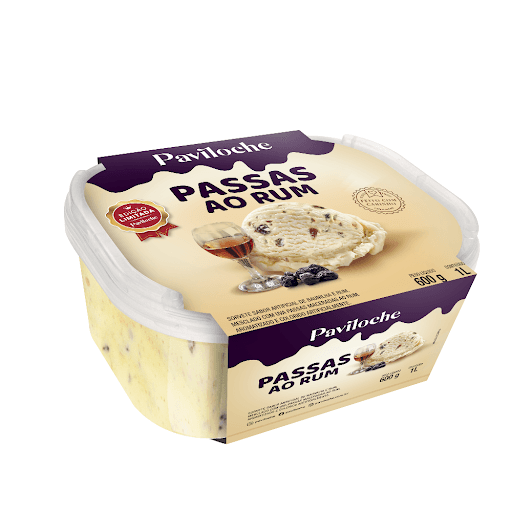 Sorvete Passas ao Rum Pote 1l - Paviloche - Sorvete sabor baunilha e rum, mesclado com uvas passas maceradas ao rum