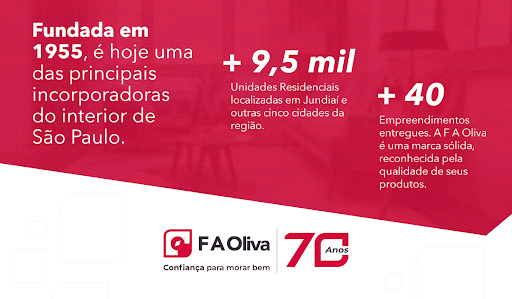 Há 70 anos, a F A Oliva transforma sonhos em realidade. Desde 1955, já foram mais de 9,5 lares construídos, cada um com a nossa marca registrada: qualidade, solidez e compromisso com as pessoas.

Somos uma das principais incorporadoras do interior de São Paulo e seguimos firmes, construindo o futuro com ética, excelência e amor por cada detalhe. 💛