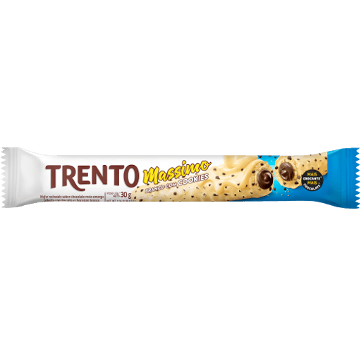 TRENTO MASSIMO BRANCO COM COOKIES 30G - Wafer recheado sabor chocolate meio amargo coberto com cookies e chocolate branco.