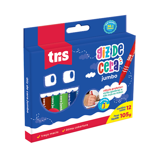 Giz De Cera - Jumbo - 12 Cores - Tris - O giz de cera Jumbo possui traço macio, cobertura incrível e rótulo protetor que evita a quebra e não suja as mãos! Dimensões do giz: 10x1x1cm. 12 cores. - Ceras, carga mineral inerte e pigmentos orgânicos especiais.
