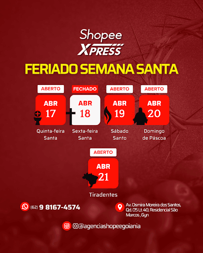 📢 *Aviso importante!*  
Durante o feriado da Semana Santa, estaremos atendendo normalmente nossos lojistas e clientes Shopee — **exceto no dia 18/04**, quando nossas atividades estarão pausadas.  

Contem com a gente nos demais dias! 💻📦  
#Atendimento #Shopee #SemanaSanta #Shopeegoiania