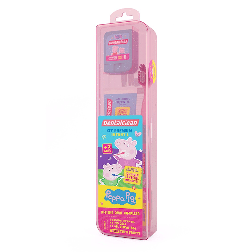 Estojo Viagem Infantil Peppa Pig - Dentalclean - Um estojo prático para levar para escola ou para viagens, e a escova certa para deixar os dentes dos seus filhos longe do grande inimigo, a cárie. O estojo contém Escova de Dente Ultramacia + Gel Dental com flúor sabor tutti frutti 50g + Fio Dental 25m.