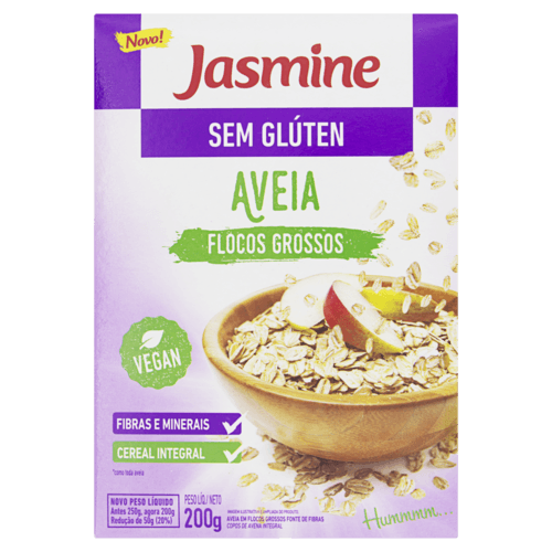 Aveia em Flocos Grossos Jasmine Caixa 200g - A aveia é um grão naturalmente sem glúten, por isso, para a produção dos flocos de aveia Jasmine, trabalhamos cuidadosamente para que não haja contaminação durante o processo.