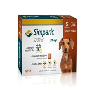 Simparic - Elimina carrapatos, pulgas e sarnas - 20 mg para Cães de 5,1 a 10 kg - 3 Comprimidos - Cães e Gatos Zoetis - Simparic é um comprimido saboroso que combate carrapatos, pulgas e sarnas em cães. É eficaz, seguro e possui ação rápida.

•	Princípio ativo: Sarolaner

•	Apresentação indicada para cães de 5,1 a 10 kg, à partir de 8 semanas de idade;

•	Ação rápida e sustentada, age em 3 horas com efeito sustentado por 35 dias;

•	Proteção e contra 11 espécies de carrapatos, pulgas e três tipos de sarna (sarcóptica, demodécica e otodécica);

•	Desenvolvido para cães de todas as raças e portes;

•	Diga SIM para Simparic!

Consulte sempre seu médico-veterinário.