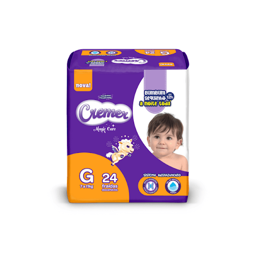 Fralda Cremer Jumbo G 24 Unidades - Cremer Infantil - A Nova Cremer além de encantadora possui fornece proteção contra vazamento e pele seca por até 12 horas, noite e dia.