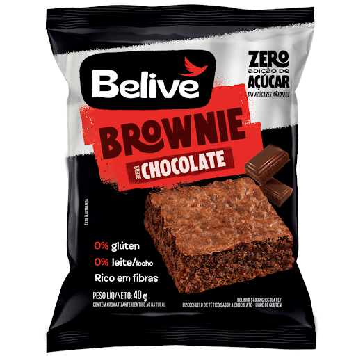 Brownie Chocolate Sem Açúcar - Belive - Fonte de fibras, sem glúten e sem leite/lactose.